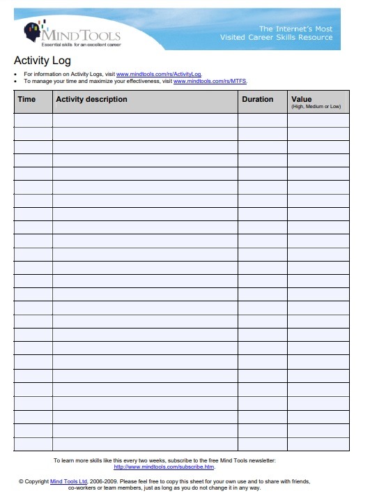 Sample Activity Log Sheet