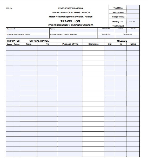 travel log sheet template