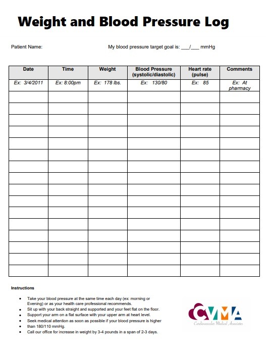 Blood Pressure Log Templates 10 Free Printable Word Excel PDF Formats Samples Examples