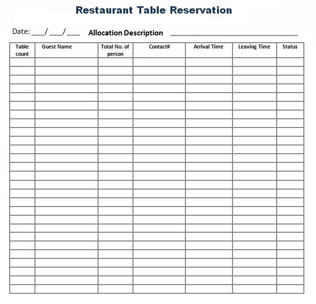 Reservation Log Templates 10  Free Printable Word Excel Samples