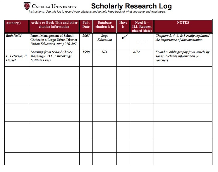 project data logbook in research example