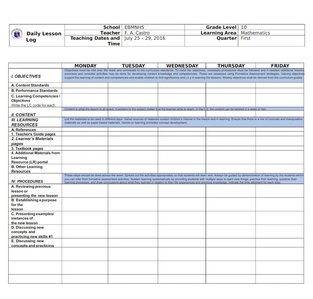 Daily Lesson Log Templates 8 Free Printable MS Word Formats Samples 