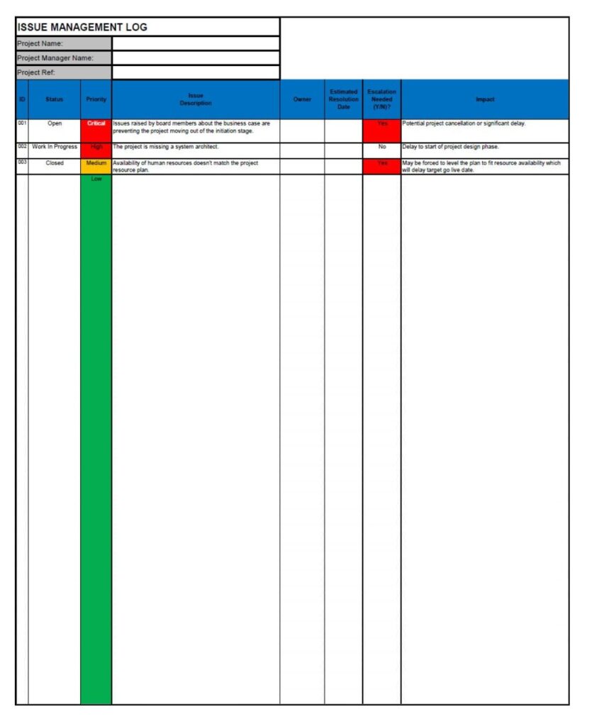 Issues Log Template Excel